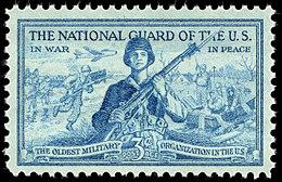 National Guard 3-cent 1953 issue U.S. stamp. The National Guard of the US – In War – In Peace – The Oldest Military Organization in the US.