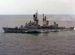 USS Farragut (DDG-37) underway in the Atlantic Ocean on 2 July 1982 (6349812).jpg