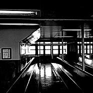 Interior of the MV "John F. Kennedy" in 2018, pictured in black and white