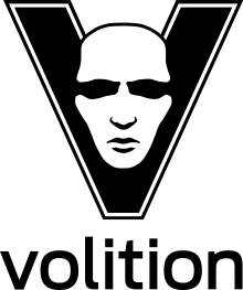 The letter "V" is displayed in black, with a white, male face shown in its center. Below the letter, the word "Volition" is rendered.
