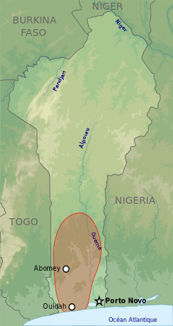 The Kingdom of Dahomey around 1894, superimposed on the map of modern-day Benin