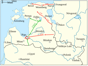 Three Russian campaigns are visible in 1558, 1559 and 1560, all from east to west. One Polish–Lithuanian campaign in 1561 is shown advancing up the central part of Livonia. Refer to the text for details.