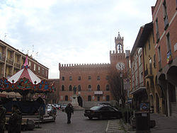 Piazza Quirico Filopanti with the town hall in the background.