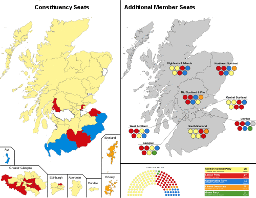 A map showing the constituency winners of the Election by their party colours.