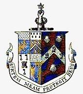 Coloured illustration of John Cooke's coat of arms with the motto "Sortem meam protegit Deus".