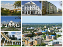 Collage of the views of Bila Tserkva, Top left: A view of Ros River and Tsentralnyy Bridge, Top middle: Bila Tserkva National Agrarian University, Top right: The Heroes Hundreds of Heaven Street, Bottom upper left: Kurbas Market Mall, Bottom lower left: Colonnade Echo, Bottom right: Panoramic view of Bila Tserkva with Torhova Square