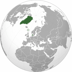 Location of the Kingdom of Denmark (green), including Greenland, the Faroe Islands (circled), and Denmark proper