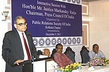 The Chairman, Press Council of India, Justice Markandey Katju addressing at an interactive session on Public Relations Society of India, at Kolkata on December 05, 2011.jpg