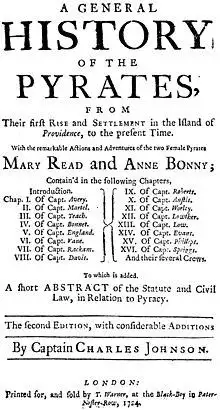 Cover page of "A General History of the Pyrates" (1724) by Captain Charles Johnson.jpg