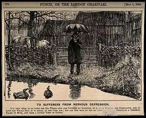 A depressive man standing by a country pond in the pouring r Wellcome V0011388.jpg