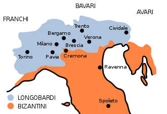 A map of Italy divided in orange and green colors, with a green blot for "Longobard" an orange one for "Byzantine"
