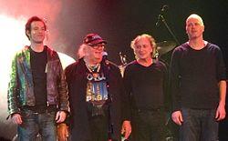 The 2011–2016 line-up of Focus in 2014. Left to right: Menno Gootjes, Thijs van Leer, Pierre van der Linden, Bobby Jacobs