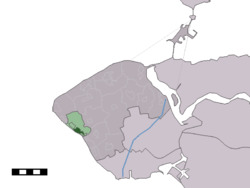 The village centre (dark green) and the statistical district (light green) of Zoutelande in the municipality of Veere