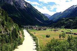 View of Innertkirchen from the river Aare