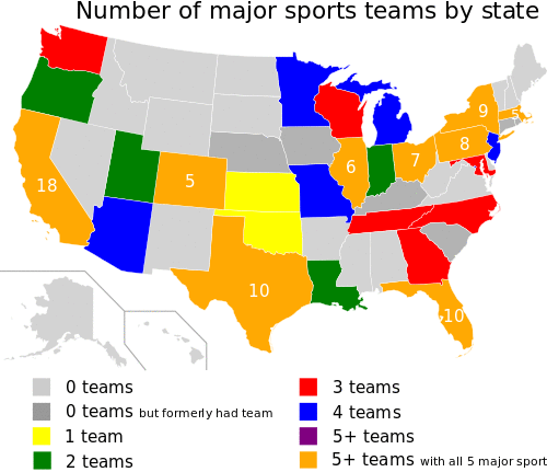 US States by number of major sports teams