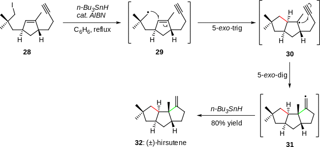 Scheme 6. Cascade radical cyclization in the total synthesis of (±)-hirsutene
