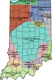 A colorful map of Indiana with treaty names