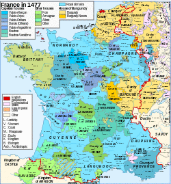 Map of France in 1477, showing the duchy of Bar in "Valois-Anjou" colours