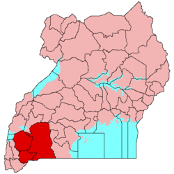 Location of Ankole (red) in Uganda (pink).