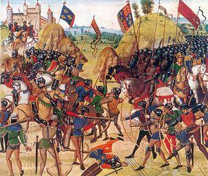 A colourful and stylised picture of a late-medieval battle