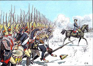 Infantry line, muskets and bayonets, with officer on a horse, not particularly historically accurate.