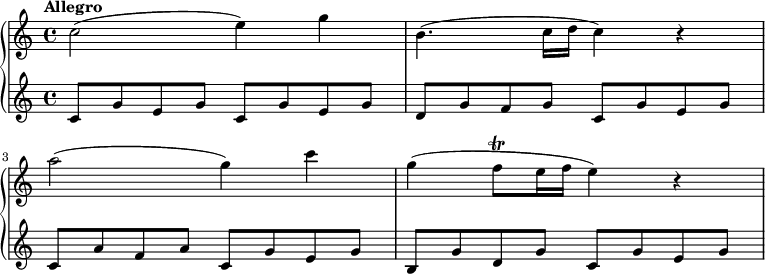  \new PianoStaff { << \new Staff \relative c'' { \key c \major \tempo "Allegro" \time 4/4 c2( e4) g b,4.( c16 d c4) r4 a'2( g4) c g( f8\trill e16 f e4) r4 } \new Staff \relative c' { c8 g' e g c, g' e g d g f g c, g' e g c, a' f a c, g' e g b, g' d g c, g' e g } >> } 
