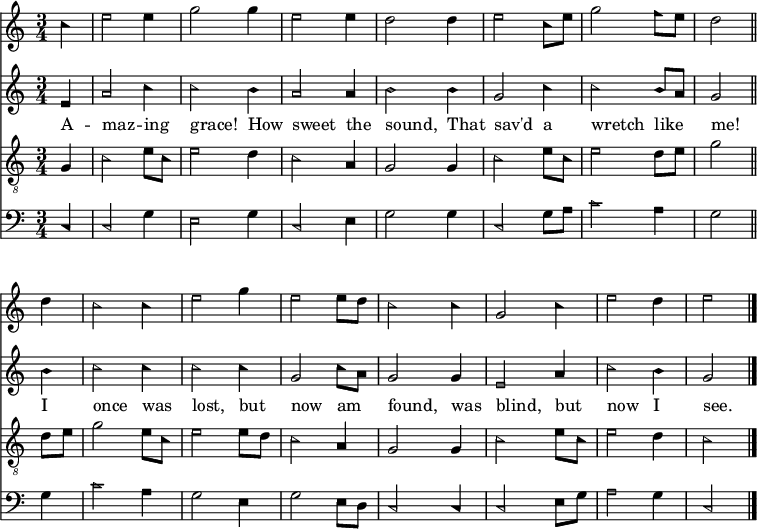  << << \new Staff { \clef treble \time 3/4 \partial 4 \key c \major \set Staff.midiInstrument = "flute" %sopran \set Score.tempoHideNote = ##t \override Score.BarNumber #'transparent = ##t \relative c'' { \sacredHarpHeads c4 | e2 e4 | g2 g4 | e2 e4 | d2 d4 | e2 c8 e | g2 f8 e | d2 \bar"||" \break d4 | c2 c4 | e2 g4 | e2 e8 d | c2 c4 | g2 c4 | e2 d4 | e2 \bar"|." } } \new Staff { \clef treble \key c \major \set Staff.midiInstrument = "flute" %alt \relative c' { \sacredHarpHeads e4 | a2 c4 | c2 b4 | a2 a4 | b2 b4 | g2 c4 | c2 b8 a | g2 b4 | c2 c4 | c2 c4 | g2 c8 a | g2 g4 | e2 a4 | c2 b4 | g2 } } \new Lyrics \lyricmode { A4 -- maz2 -- ing4 grace!2 How4 sweet2 the4 sound,2 That4 sav'd2 a4 wretch2 like4 me!2 I4 once2 was4 lost,2 but4 now2 am4 found,2 was4 blind,2 but4 now2 I4 see.2 } \new Staff { \clef "treble_8" \key c \major \set Staff.midiInstrument = "oboe" %tenor \relative c' { \sacredHarpHeads g4 | c2 e8 c | e2 d4 | c2 a4 | g2 g4 | c2 e8 c | e2 d8 e | g2 d8 e | g2 e8 c | e2 e8 d | c2 a4 | g2 g4 | c2 e8 c | e2 d4 | c2 } } \new Staff { \clef bass \key c \major \set Staff.midiInstrument = "flute" %bass \relative c { \sacredHarpHeads c4 | c2 g'4 | e2 g4 | c,2 e4 | g2 g4 | c,2 g'8 a | c2 a4 | g2 g4 | c2 a4 | g2 e4 | g2 e8 d | c2 c4 | c2 e8 g | a2 g4 | c,2 } } >> >> \layout { indent = #0 } \midi { \tempo 4 = 80 } 