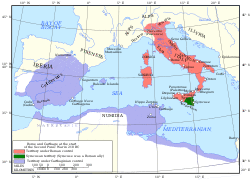 a map of the western Mediterranean region showing the territory controlled by Rome and Carthage in 218 BC