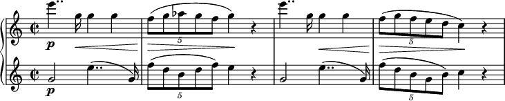  { \new PianoStaff << \new Staff \relative e''' { \set Staff.midiInstrument = #"piano" \key c \major \clef treble \time 2/2 \set Score.tempoHideNote = ##t \tempo 2 = 43 e4.. \p g,16 \< g4 g4 | % 2 \once \override TupletBracket #'stencil = ##f \times 4/5 { f8 \! \> ( g8 as8 g8 f8 } g4 \! ) r4 | % 3 e'4.. g,16 g4 \< g4 | % 4 \once \override TupletBracket #'stencil = ##f \times 4/5 { f8 \! \> ( g8 f8 e8 d8 } c4 \! ) r4 } \new Staff \relative g' { \set Staff.midiInstrument = #"piano" \key c \major \clef treble \time 2/2 g2 \p e'4.. ( g,16 ) | % 2 \once \override TupletBracket #'stencil = ##f \times 4/5 { f'8 ( d8 b8 d8 f8 ) } e4 r4 | % 3 g,2 e'4.. ( g,16 ) | % 4 \once \override TupletBracket #'stencil = ##f \times 4/5 { f'8 ( d8 b8 g8 b8 ) } c4 r4 } >> } 