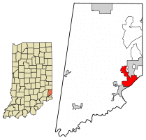 Location of Lawrenceburg in Dearborn County, Indiana.
