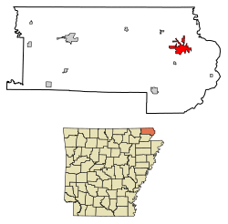 Location of Piggott in Clay County, Arkansas.