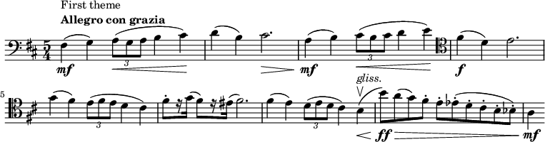  \relative c { \set Score.tempoHideNote = ##t \tempo 4 = 144 \set Staff.midiInstrument = #"cello" \clef bass \key d \major \time 5/4 fis4\mf(^\markup { \column { \line { First theme } \line { \bold { Allegro con grazia } } } } g) \tuplet 3/2 { a8(\< g a } b4 cis)\! d( b) cis2.\> a4(\mf b) \tuplet 3/2 { cis8(\< b cis } d4 e)\! \clef tenor fis(\f d) e2. \break g4( fis) \tuplet 3/2 { e8( fis e } d4 cis) fis8-. [ r16 g( ] fis8) [ r16 eis( ] fis2.) fis4( e) \tuplet 3/2 { d8( e d } cis4) b\upbow(\<^\markup { \italic gliss. } [ b'8)\ff\> a( g) fis-. ] e-. [ es-.( d-. cis-. b-. bes-.) ] a4\mf } 