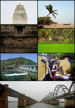 Clockwise from right: Antarvedi beach, fields of Nagankulla village, Shiva statue at Talupulamma Lova Temple, Godavari bridge, Yeleru Dam, Samalkota Bhimeswara Temple