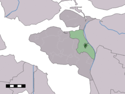 The town centre (dark green) and the statistical district (light green) of Oud-Vossemeer in the municipality of Tholen.