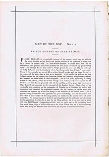 1875 Vanity Fair Print text bio of Prince Edward