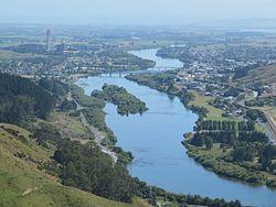 Waikato River, Huntly and Huntly power station from Hakarimatas in 2012