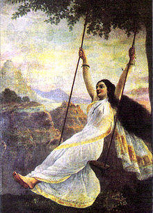 A painting of a beautiful goddess on a swing