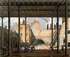09 Warehouses etc at the end of the Tunnel towards Wapping, from Bury's Liverpool and Manchester Railway, 1831 - artfinder 267568.jpg