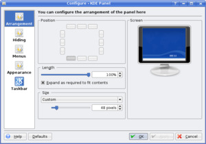 Various aspects of the KDE 3 panel could be configured, such as its arrangement on the user's desktop