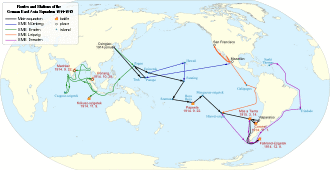 The East Asia Squadron traveled southeast from northern China to southern South America.