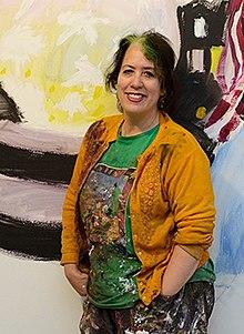 Wendy Sharpe with "Self Portrait with Imaginary Friend" at the Yellow House, NSW, Sydney.jpeg