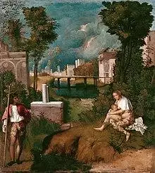 Painting of a mother feeding her child, watched by a shepherd, with lightning flashing across a dark sky in the background
