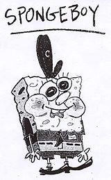 A drawing of Spongeboy with arms and feet wearing a hat