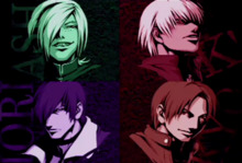 Despite having originated as a crossover between different franchises, The King of Fighters employs different original characters as leads. An illustration shows portraits of: Kyo Kusanagi, Iori Yagami, Ash Crimson and K'.