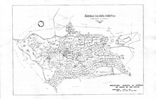 Map detailing the boundaries of the territory of Águas de São Pedro, showing the streets, green areas, lakes and a river