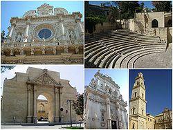 Top left: Church of Santa Croce, Top right: Teatro Romano, Bottom left: Porta Napoli in Viale Università, Bottom middle: Saint Giovanni Cathedral in the Perroni area, Bottom right: Cathedral, in Duomo Square