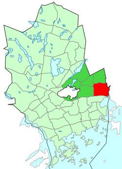 Location of Leppävaara (red) within Espoo (light green) and Suur-Leppävaara (dark green)