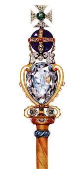 Gold rod surmounted by a large diamond, itself supporting a large round amethyst, on top of which is a cross made of diamonds with an emerald at its centre.