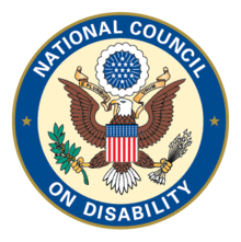 Seal of the National Council on Disability featuring a circle with blue ring and white letters spelling National Council on Disability. In the center is a light cream background and American eagle crest.