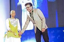 Sophia with her creator David Hanson at Digital World 2017 conference, Dhaka, Bangladesh in December 2017.jpg